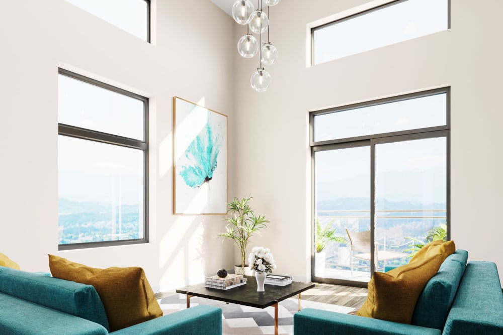 Gorgeous city views from a rendering of the living space in a model home at Ascend in Portland, Oregon