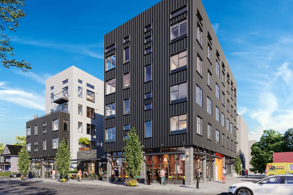 Rendering of residents and visitors checking out the retail shops at street level at Ascend in Portland, Oregon