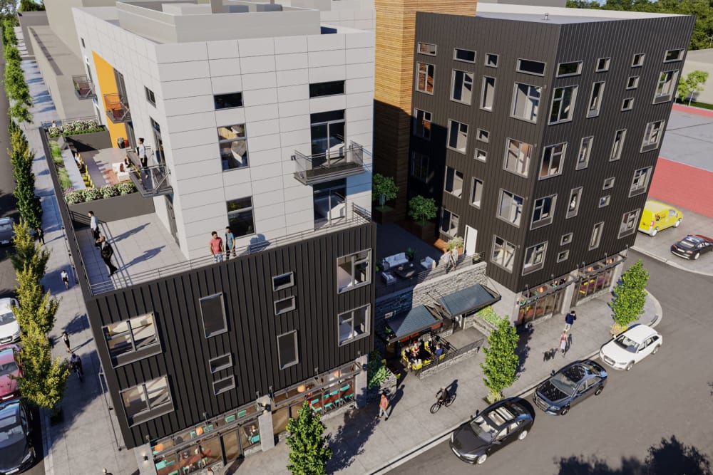 Rendering of our community from a building's rooftop across the street at Ascend in Portland, Oregon