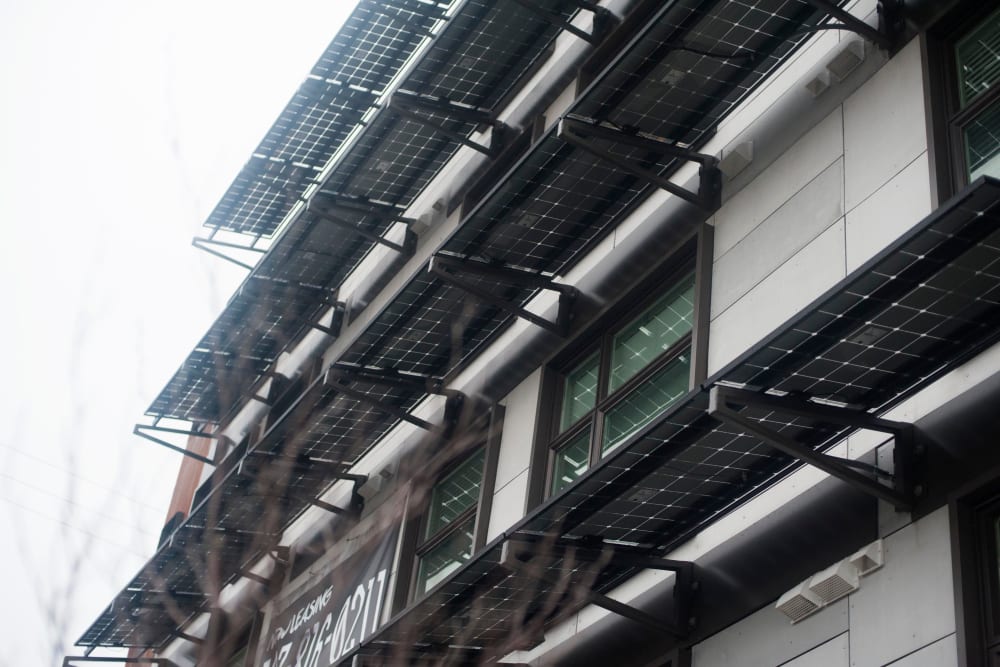Solar panels along the building exterior at Brooklyn Yard in Portland, Oregon