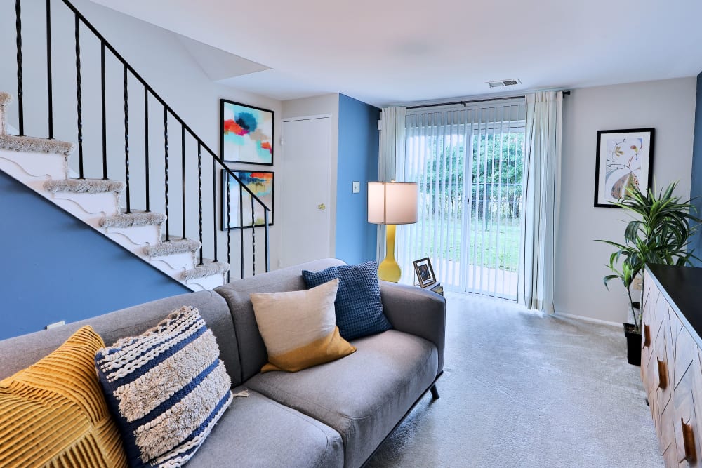 Living room on the first floor of a townhome at Gwynnbrook Townhomes in Baltimore, Maryland