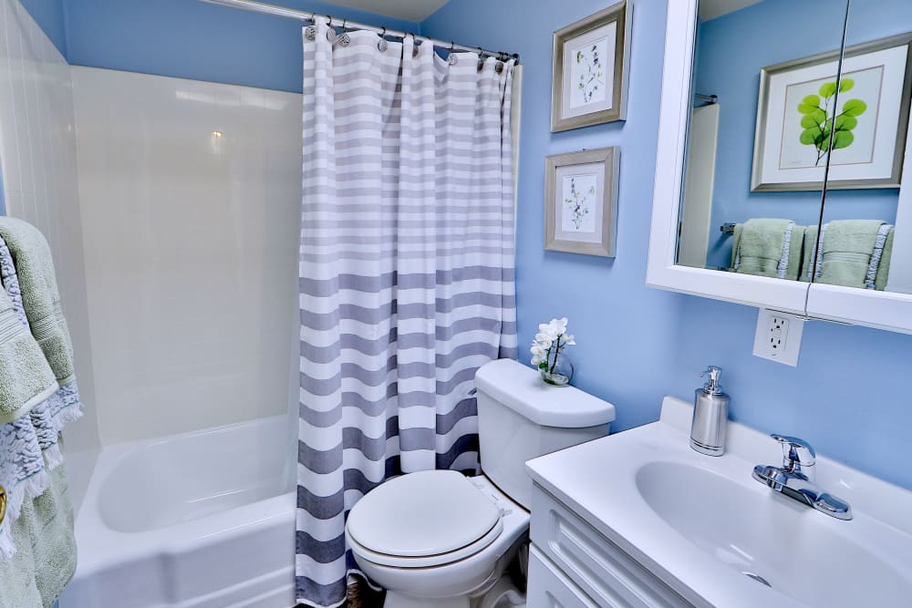 Bathroom with tub/shower combination at Gwynnbrook Townhomes in Baltimore, Maryland