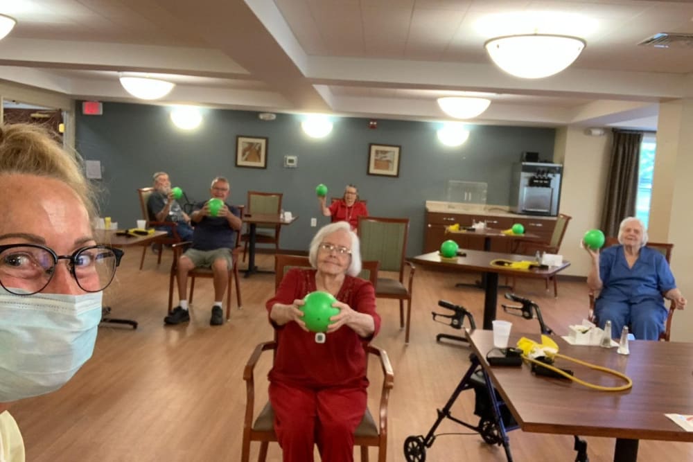 Residents at an exercise class at Keelson Harbour in Spirit Lake, Iowa