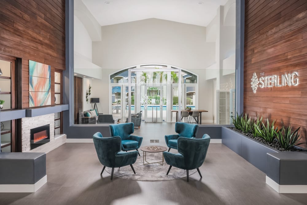 Cute blue seating in foyer at The Sterling in Gilbert, Arizona