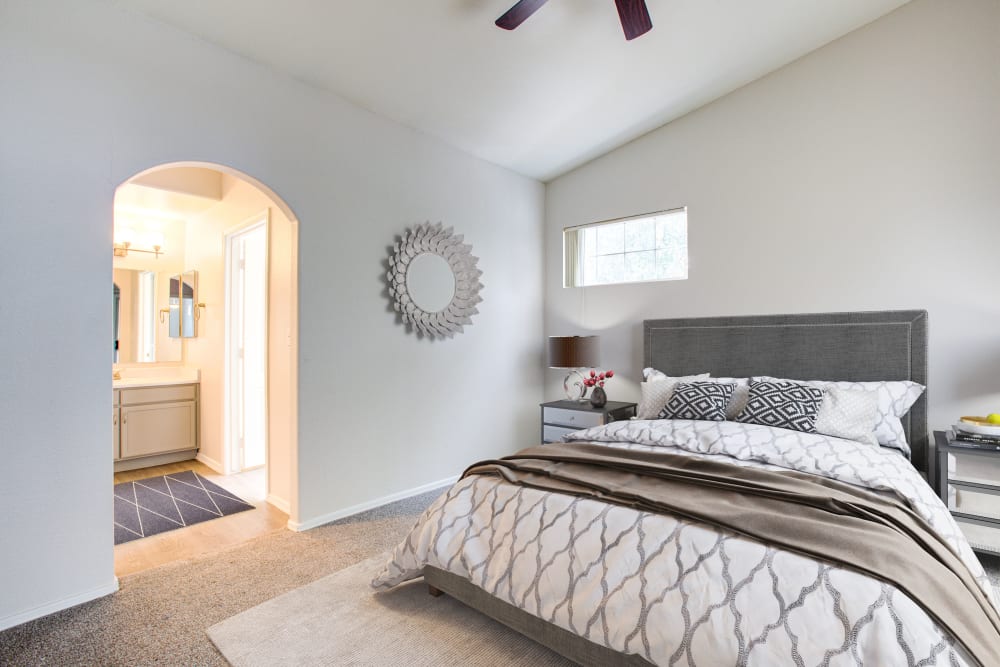Model bedroom with white walls at The Sterling in Gilbert, Arizona