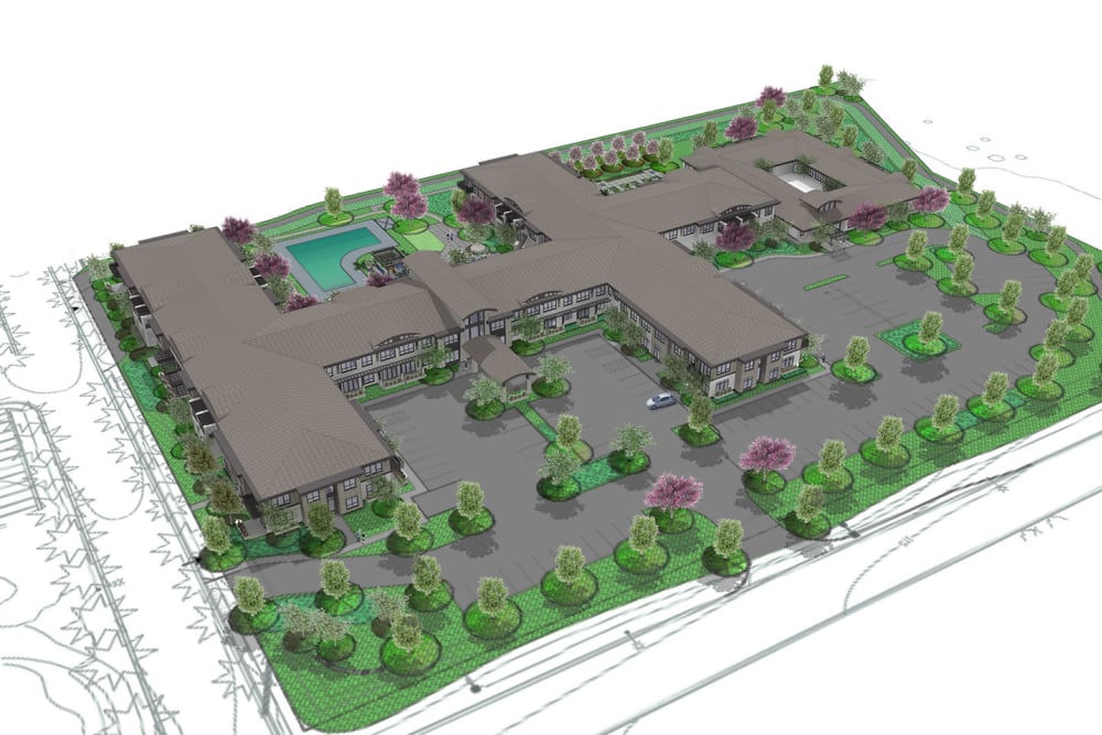 Rendering of aerial view of Merrill Gardens at Brentwood in Brentwood, California