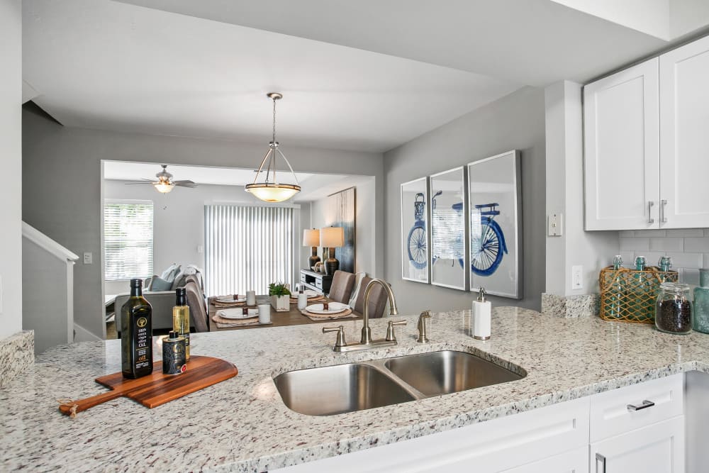 Expansive kitchen granite countertop with a dual-basin stainless-steel sink in a model home at The Coast of Naples Florida in Naples, Florida