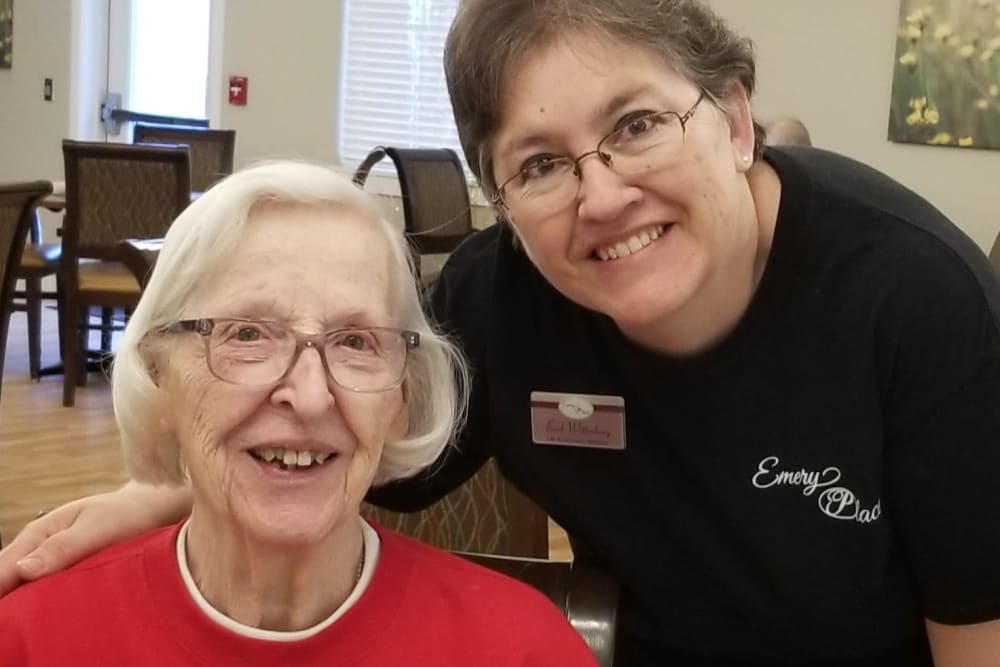 Resident and staff at Emery Place in Robins, Iowa