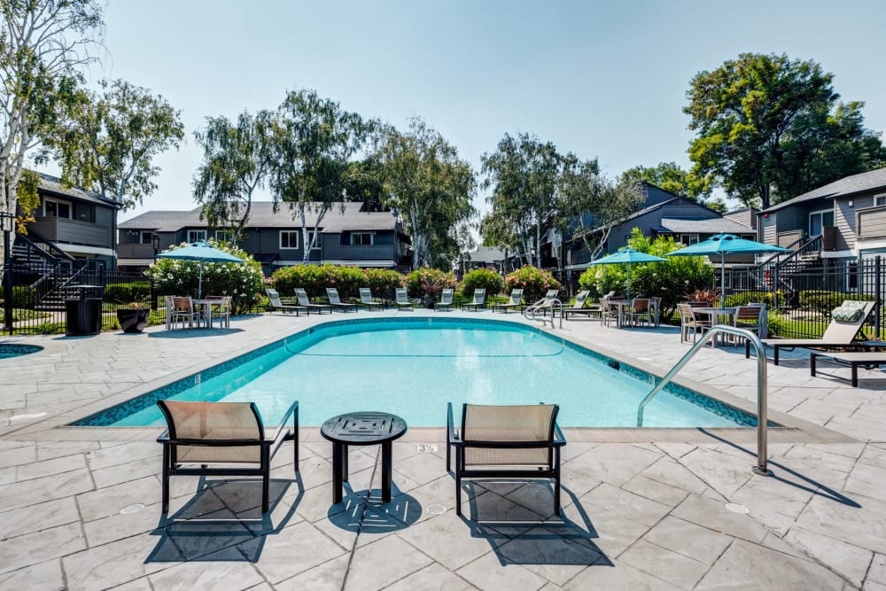 Swimming pool area with plenty of seating nearby at Sofi Union City in Union City, California