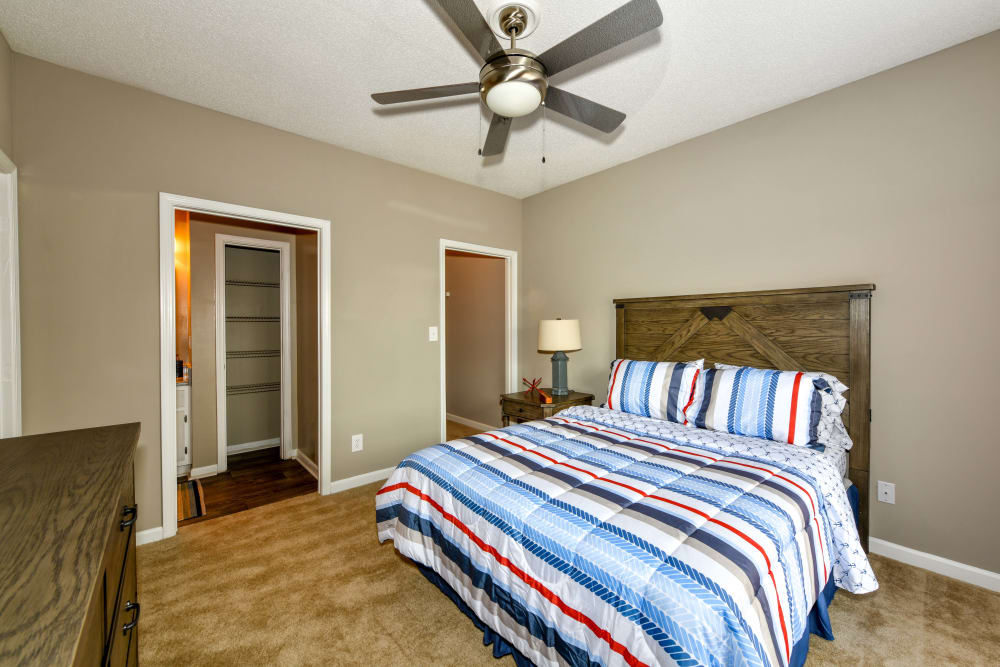 Plush carpeting and a ceiling fan in the primary bedroom of a model apartment at 860 South in Stockbridge, Georgia