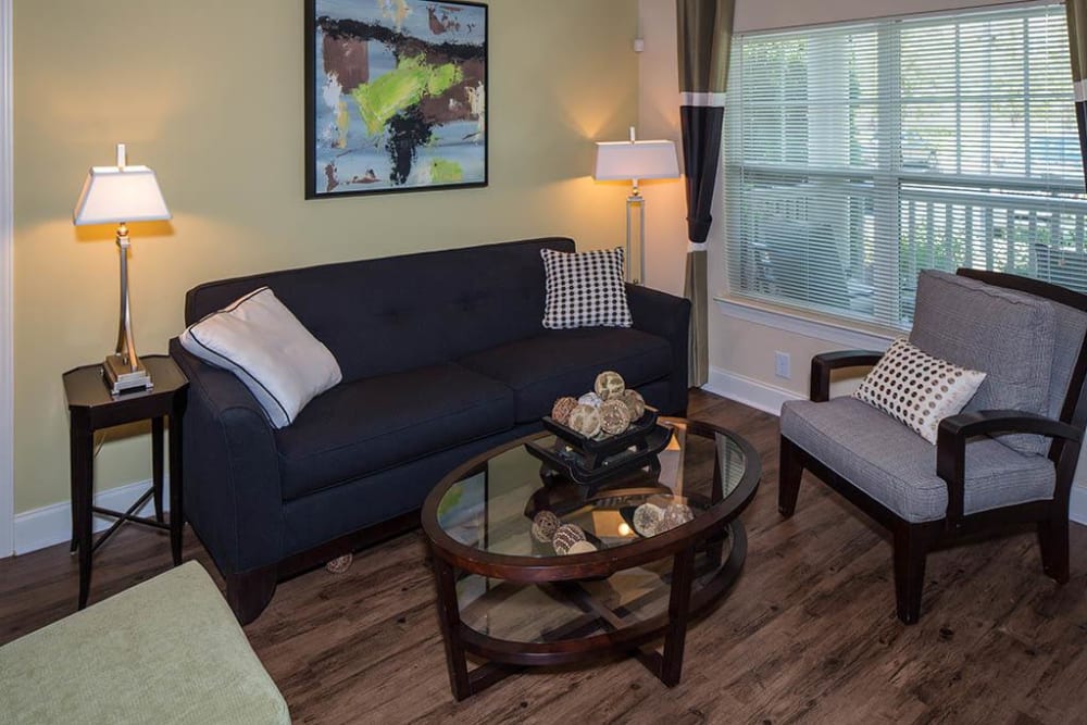 Cozy and well-furnished living area in a model home at The Preserve at Greison Trail in Newnan, Georgia
