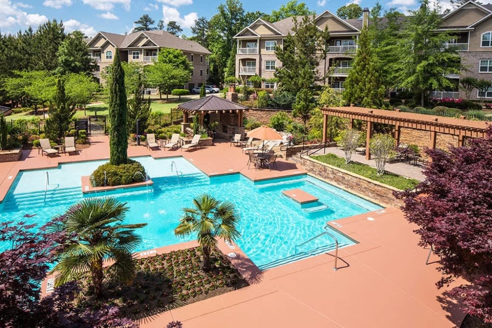 View of the pool area from an upper-floor home at The Preserve at Greison Trail in Newnan, Georgia