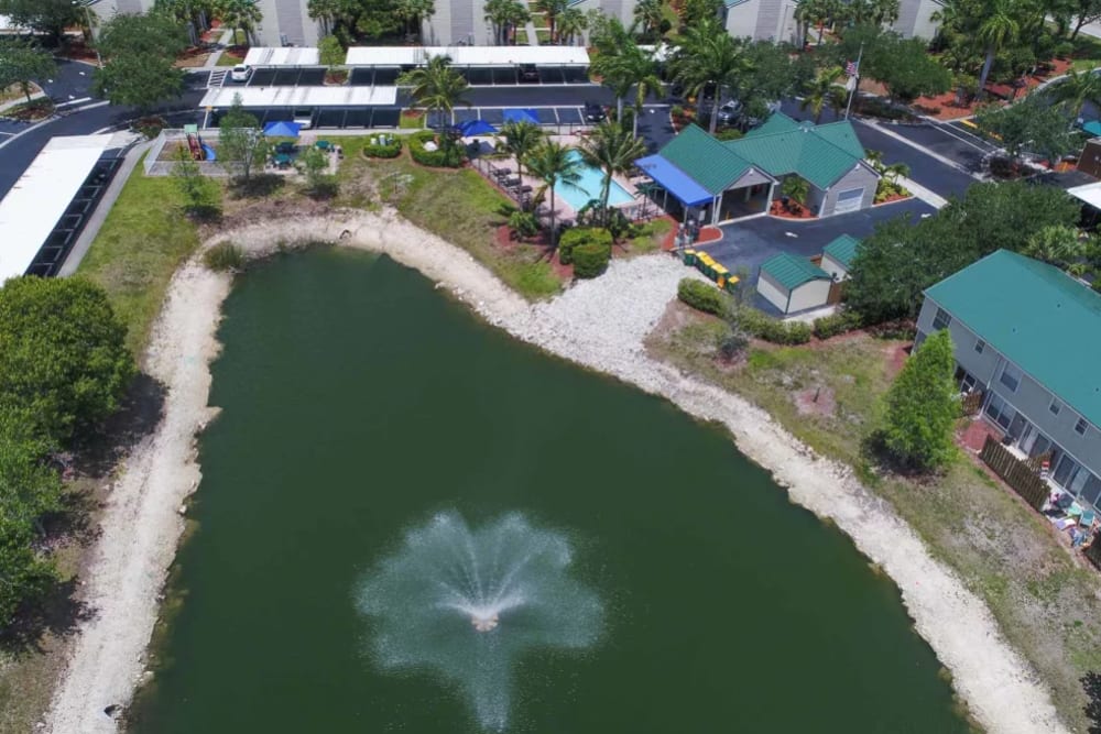 Aerial view of the lake and fountain at our community at The Coast of Naples Florida in Naples, Florida
