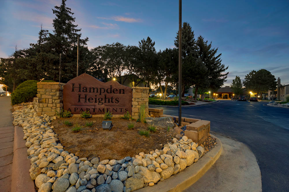 Front sign of Hampden Heights Apartments in Denver, Colorado