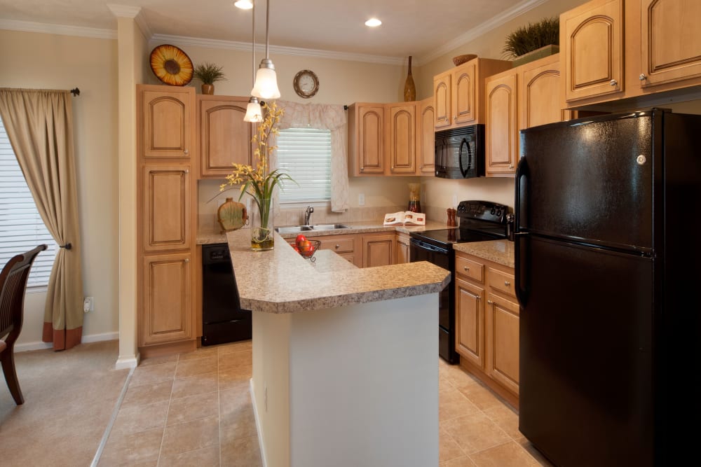 Kitchen with black appliances at Keys Lake Villas in Key Largo, Florida