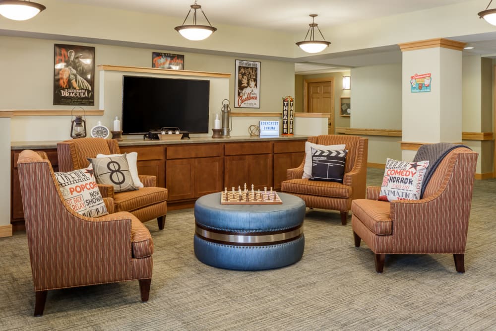 Common area to enjoy a movie together at Edencrest at Green Meadows in Johnston, Iowa