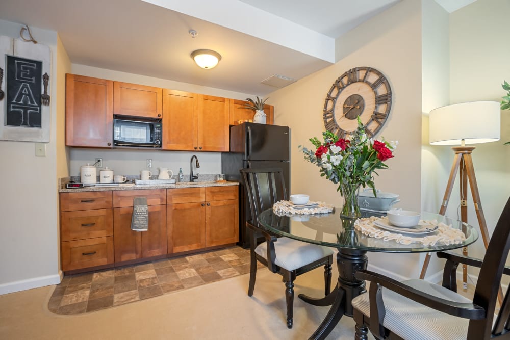 Kitchenette in a memory care unit at The Hearth at Franklin in Franklin, Tennessee