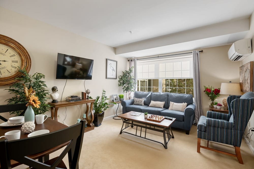 Model living room in a 1 bedroom senior apartment at The Hearth at Franklin in Franklin, Tennessee
