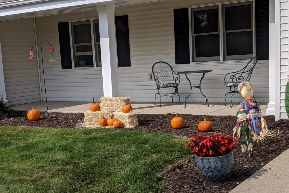 Patio decorated for fall at Ramsey Woods in Cudahy, Wisconsin.