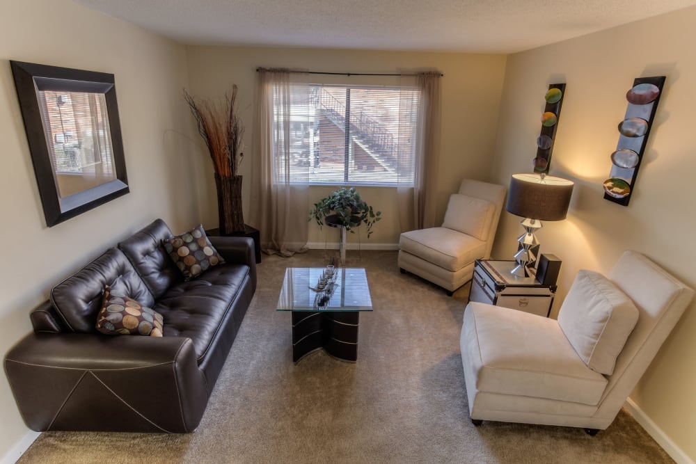 Aerial view of the spacious living room at Enclave at North Point Apartment Homes in Winston Salem, North Carolina