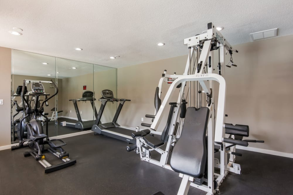 Fitness center with a mirrored-wall at Gable Oaks Apartment Homes in Rock Hill, South Carolina
