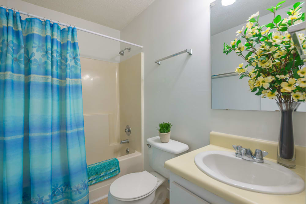 A bathroom with an oval tub at Lakewood Apartment Homes in Salisbury, North Carolina