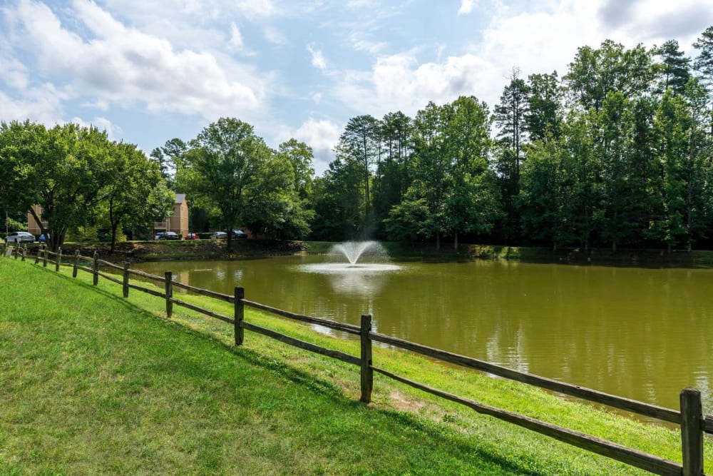 Large pond surround by grass for summer picnics at Waters Edge Apartment Homes in Concord, North Carolina