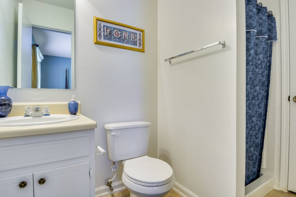 Bathroom with a stand-up shower at Woodbrook Apartment Homes in Monroe, North Carolina
