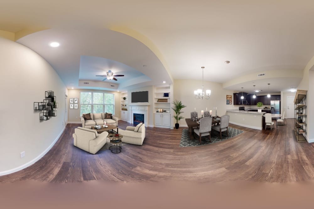 Interior panorama of living space and dining room at Celebration Village Forsyth in Suwanee, Georgia