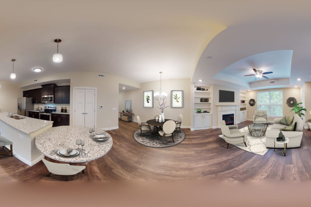 Interior panorama of kitchen and living room at Celebration Village Forsyth in Suwanee, Georgia