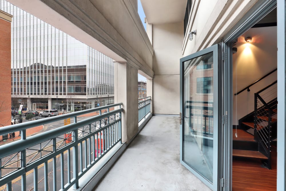 Private balcony overlooking the city at 17th Street Lofts in Atlanta, Georgia