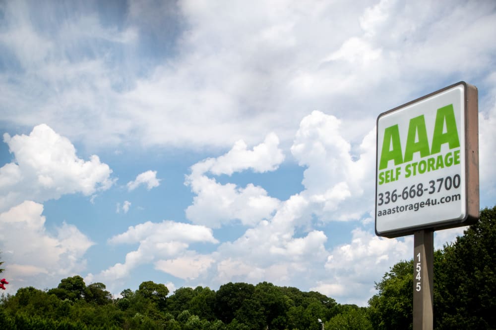 sign out front at AAA Self Storage at Pleasant Ridge Rd in Greensboro, North Carolina