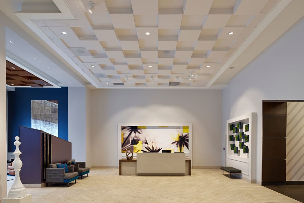 A lobby with a modern esthetic at Solaire 8250 Georgia in Silver Spring, Maryland