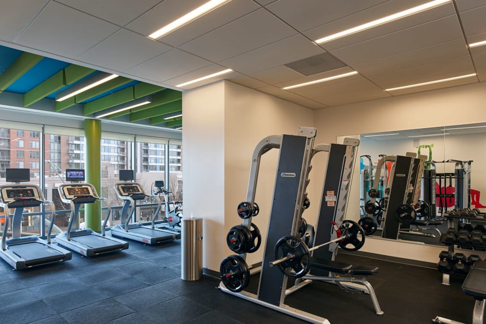 A fitness center with treadmills and weight stations at Solaire 8250 Georgia in Silver Spring, Maryland