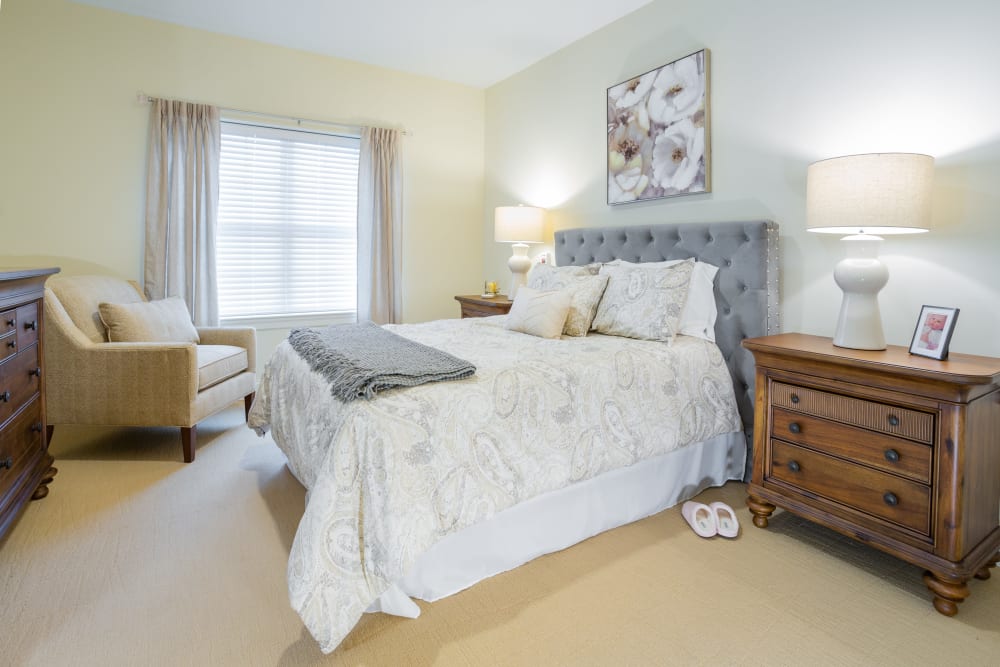 A spacious, decorated bedroom at Harmony at West Shore in Mechanicsburg, Pennsylvania