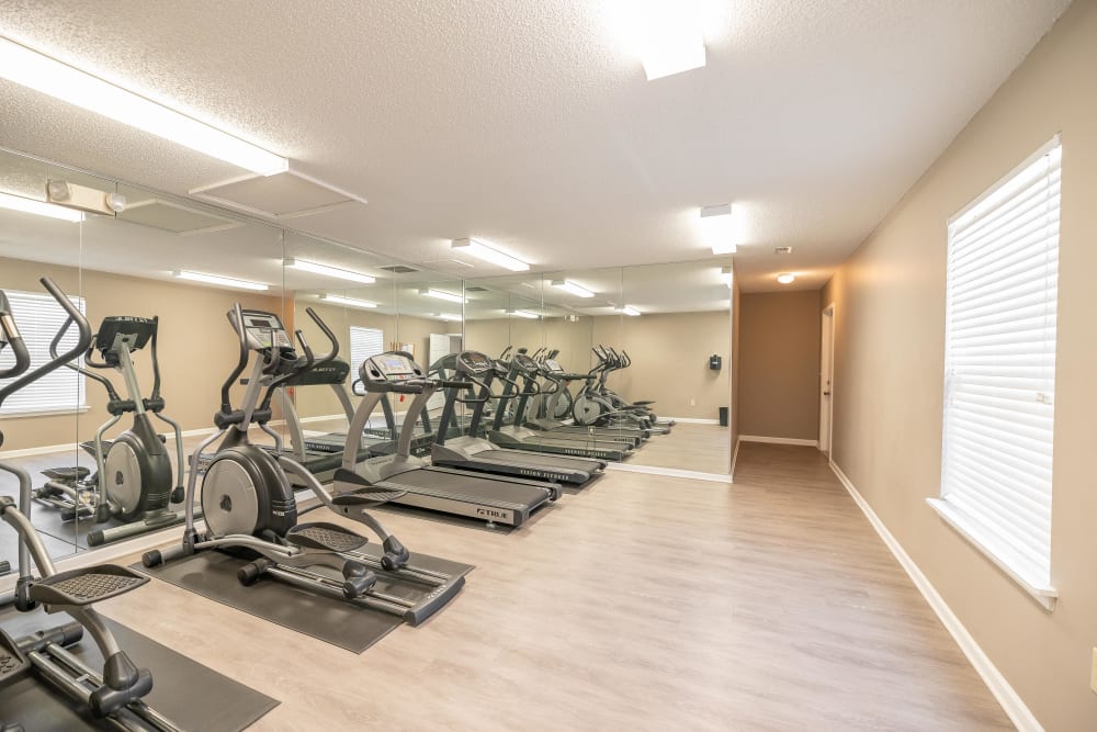 Fitness center with treadmills at The Village at Brierfield Apartment Homes in Charlotte, North Carolina