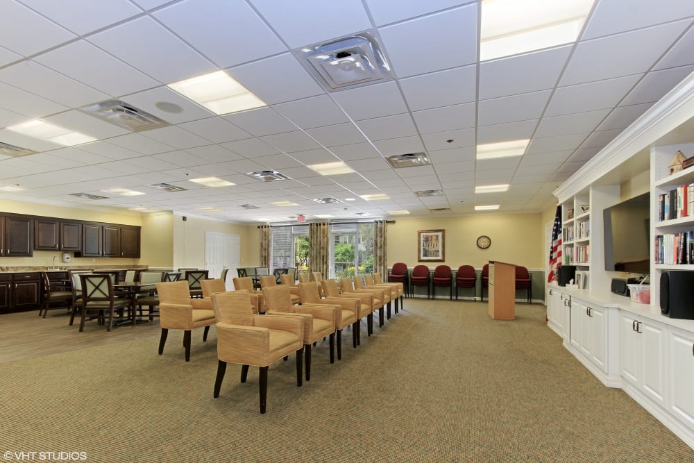 Media room at Merrill Gardens at Barkley Place in Fort Myers, Florida. 