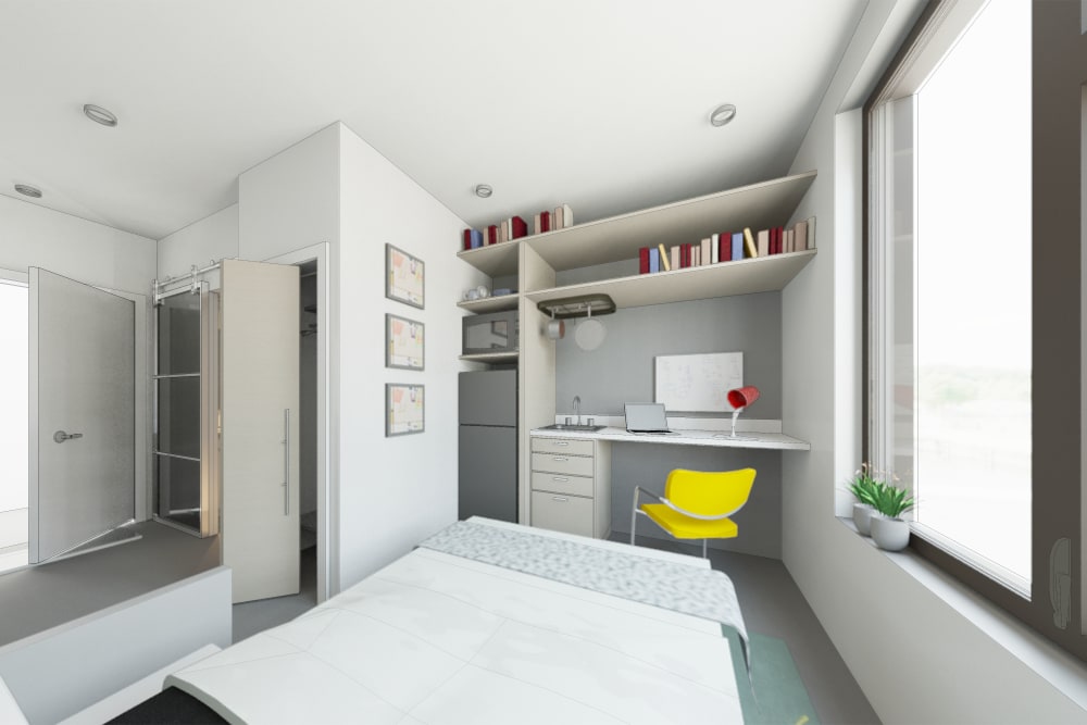 Spacious studio home with desk space and large bathroom at Ascend in Portland, Oregon