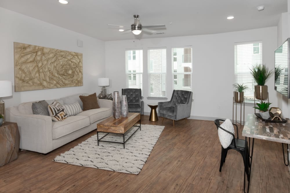 Cozy living room at Shelby at Northside in Fort Worth, Texas