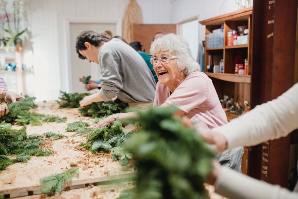 Wreath making workshop for residents at Arlington Place of Grundy Center in Grundy Center, Iowa
