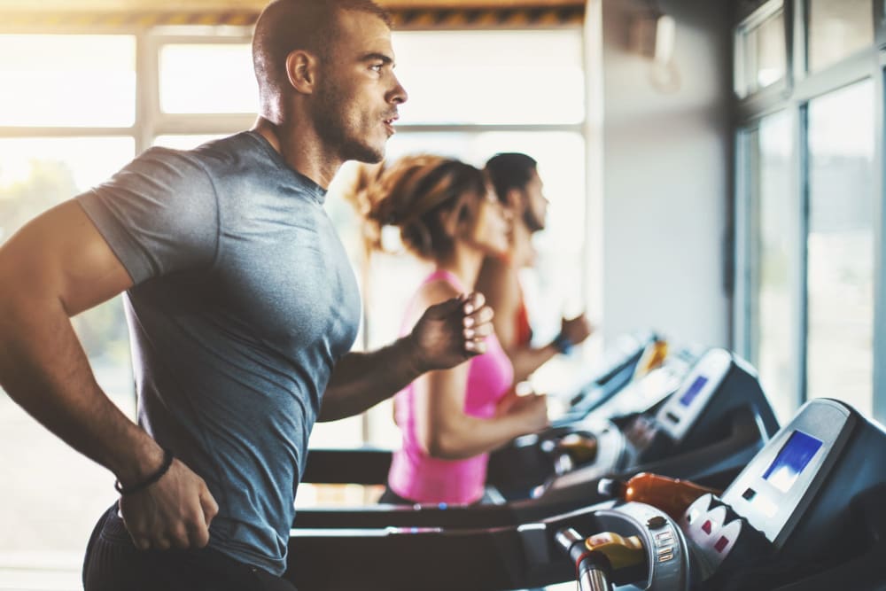 Residents running on treadmills in the fitness center at Banyan on Washington in Phoenix, Arizona