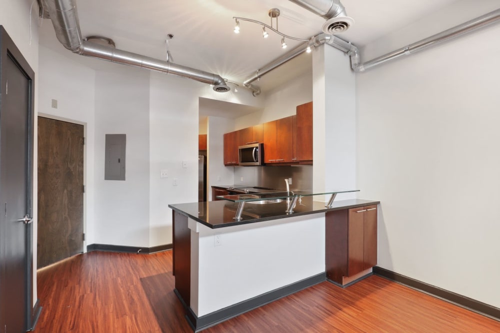 Kitchen with hardwood flooring at 17th Street Lofts in Atlanta, Georgia