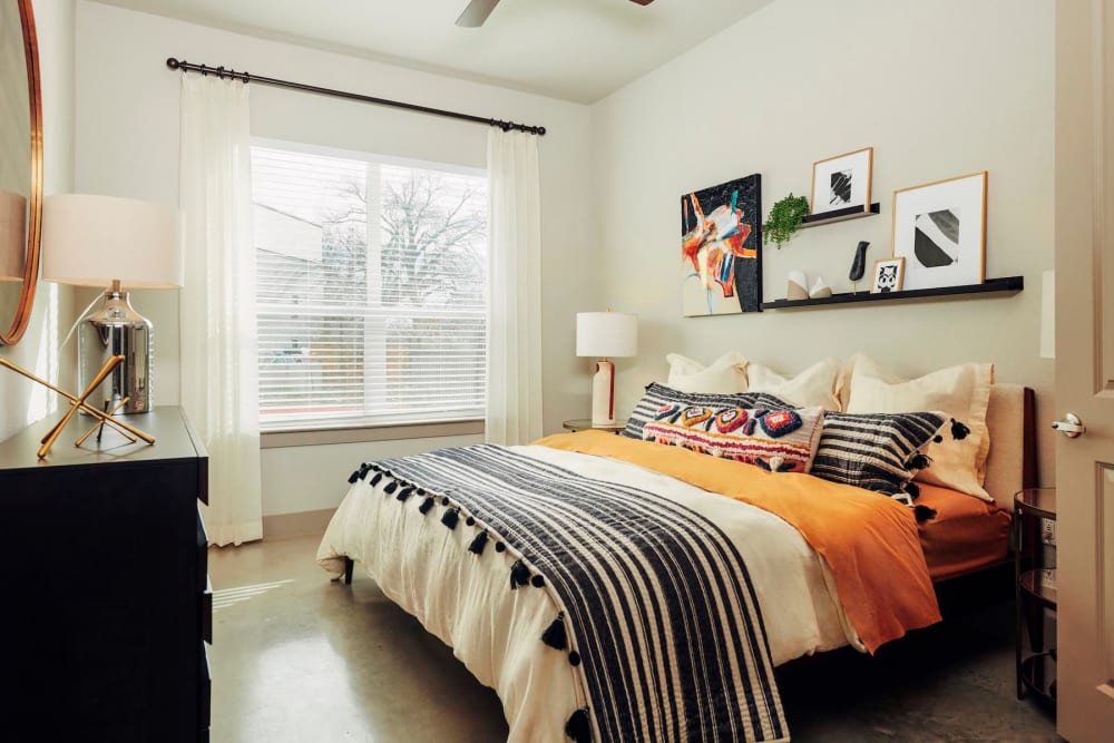 Large bay window in a model home's bedroom at The Guthrie in Austin, Texas