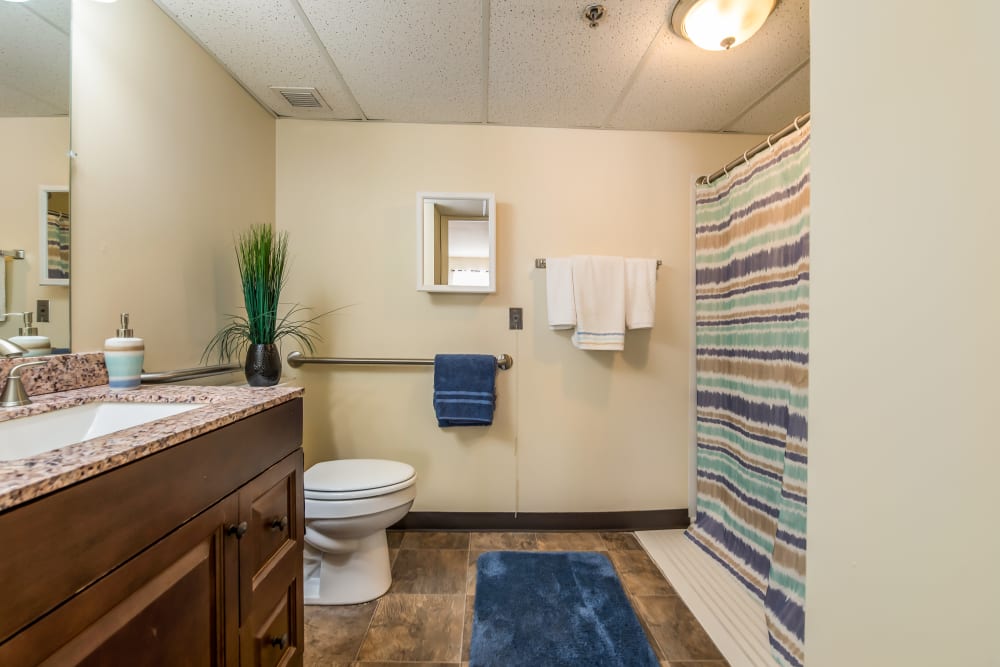 Resident bathroom at Truewood by Merrill, Glen Riddle in Glen Riddle, Pennsylvania. 