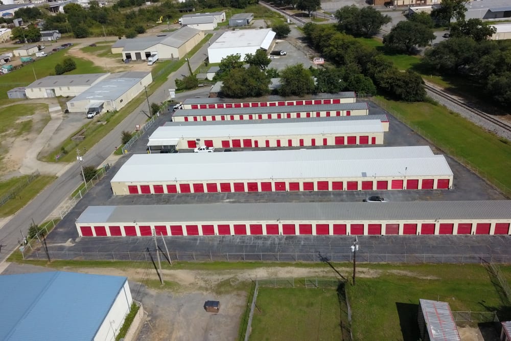 A view from above of the red doors on storage units at StayLock Storage in Albany, Georgia