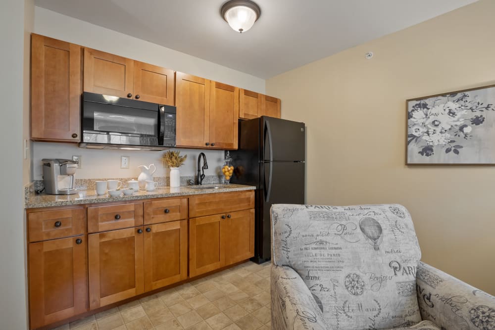 Kitchenette in a studio apartment at The Hearth at Hendersonville in Hendersonville, Tennessee