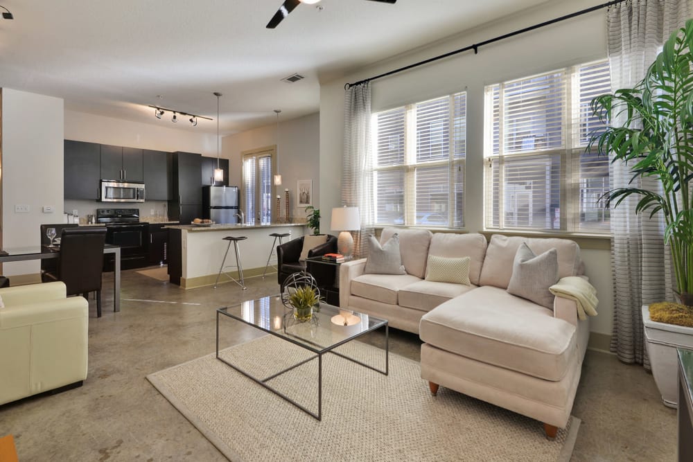 Well lit living room at Optimist Lofts in Atlanta, Georgia