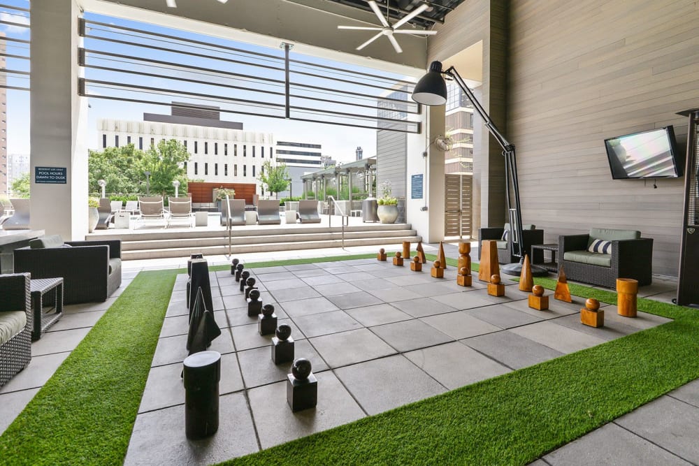 Outdoor lounge with chess at Altitude in Atlanta, Georgia