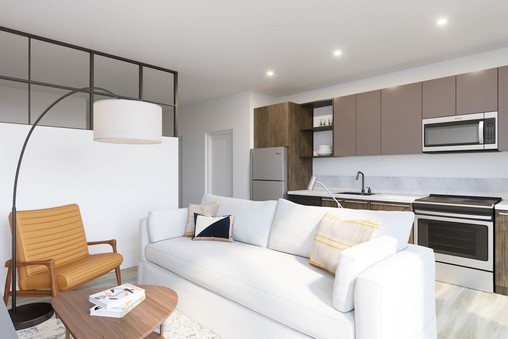 Beautiful living room at Arthaus Apartments in Allston, Massachusetts