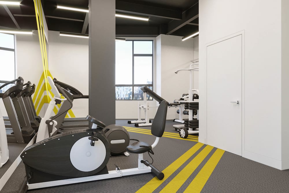 Stationary fitness bike at Arthaus Apartments in Allston, Massachusetts